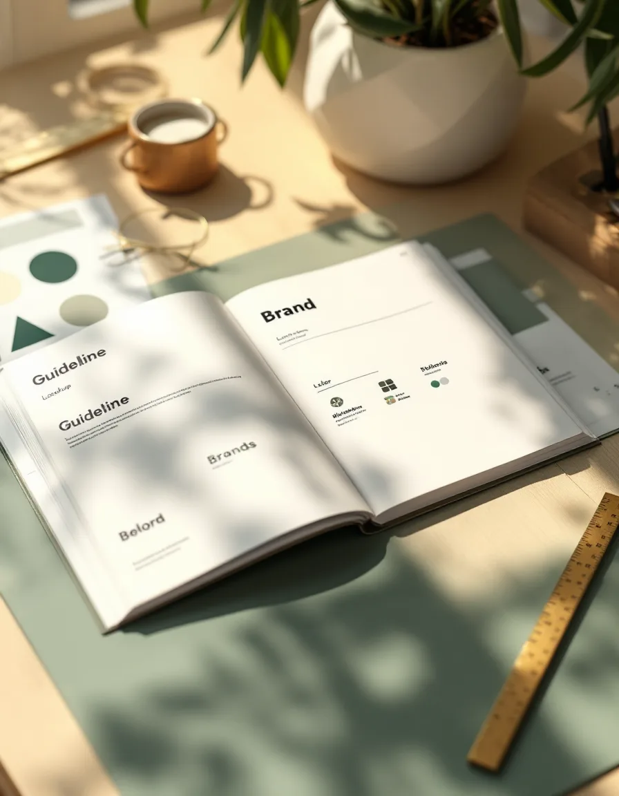 A studio desk with a bound brand guideline booklet, printed logo lockups and a brass ruler in warm light.