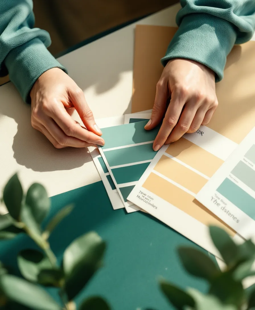 Hands arranging color swatch cards and a type specimen sheet on a cream surface.